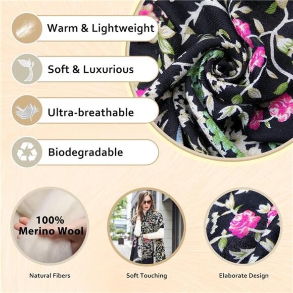 100% Merino Wool Extra Large Pashmina Blanket Travel Scarf Cashmere - Picture 3 of 7